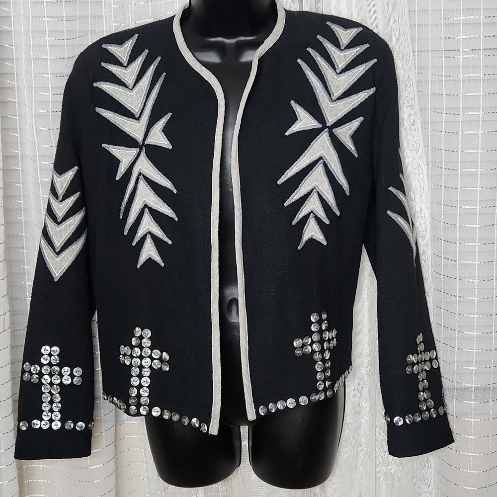 Black 100% Cotton Vintage 90's Western Crop Jacket W/ Applique Cross Details SzM